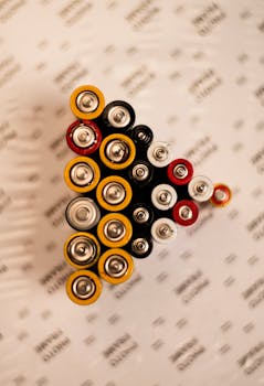 pexels-photo-1084213-1084213 Top view of assorted batteries in an artistic arrangement on a printed surface.